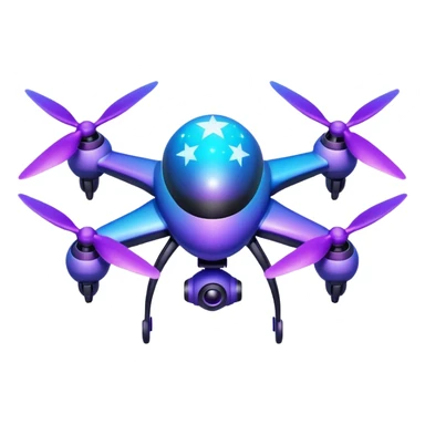 Galaxy drone emoji, with 4 wings cosmic purple blue gradient, glowing stars texture, neon propellers, 3D glossy, futuristic, transparent background. sticker