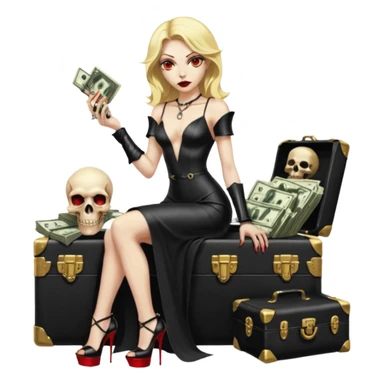 Lilith symbol red eye seductress evil shoulder length blonde haired sexy succubus woman with leather long dress with slit, sitting on a case of gold and cash. Black Platform high heels on feet. Tattoo sleeve arms, seat full of stacks of cash,  dead human skull of her enemies in her other hand sticker