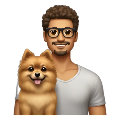 Hombre joven moreno pelo corto con lentes transparentes y su perro Pomeranian  sticker