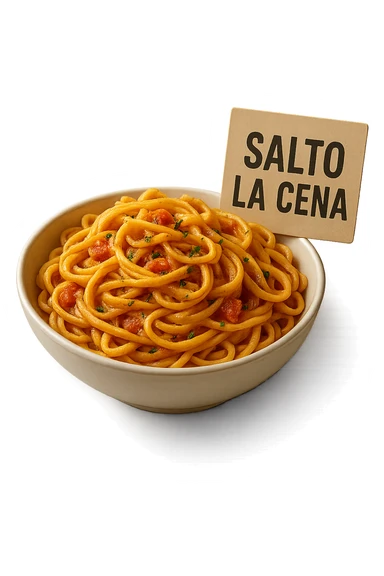 BOWL DI PASTA CON CARTELLO CON LA SCRITTA "SALTO LA CENA",  iperrealistico 4k sticker
