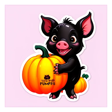 A black piglet holding 4 pumpkins with “luck x 4” written on it. sticker