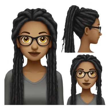 Tan girl with glasses, black colored thin eyes,  black dread locs hairstyle with an industrial ear piercing sticker