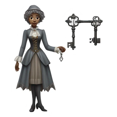 gray elf woman login holding a big key in victorian dress, full body sticker