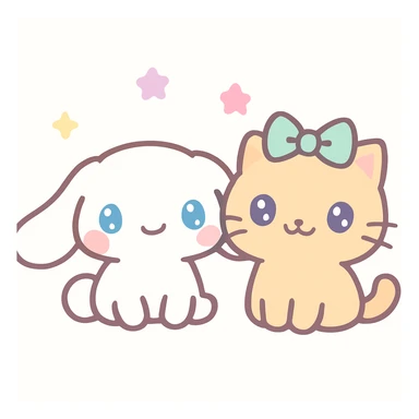 Cinnamoroll and a cat sitting side by side, pastel colors, kawaii style, cheerful expression sticker