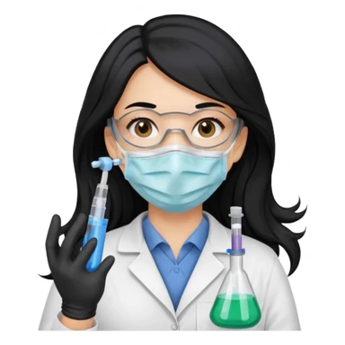 medica con guantes  y mascarilla e insumos laboratorio  jeringa tubos  pelo negro largo triguella sticker