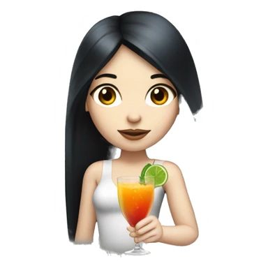 Pale girl with long black hair with chest holding cocktail sticker