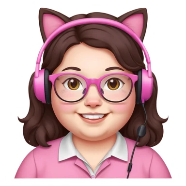 chubby English teacher, smiling, pink cat glasses, long wavy dark brown hair, face only, subtle gamer headset, classroom background, emoji style sticker