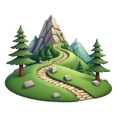 A 3D cartoon mountain trail winding up green slopes with stones and pine trees, distant peaks in background, warm daylight, Memoji-style. sticker