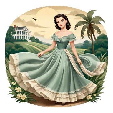 Icon for Romance Movie: A vintage movie poster-style design inspired by Gone with the Wind. Include romantic, sweeping imagery like Scarlett O'Hara in a flowing dress, Rhett Butler, a plantation backdrop, and fluttering wind-blown fabric. Soft, nostalgic cinematic feel. Transparent background. sticker