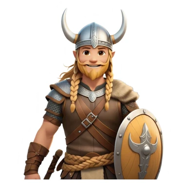 Clash of Clans aesthetic: Cinematic Cheerful Viking Portrait Emoji, With a bright, confident smile and a relaxed, adventurous stance, showcasing a stylized, spirited build with a classic Viking helmet and braided hair, his natural skin tone lending authenticity, Simplified yet expressive features, highly detailed, glowing with a soft, golden Nordic radiance, high shine, upbeat and courageous, stylized with an air of classic Viking heroism, soft glowing outline, capturing the essence of a cheerful Viking ready to embark on legendary quests! sticker