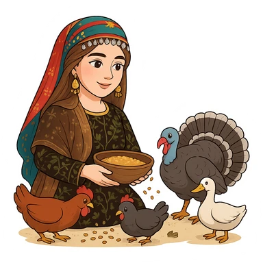 Kurdish cartoon sticker of the same woman in the new dress, feeding chickens, rooster, turkey, or duck, holding a bowl of grain, surrounded by birds, no text, transparent background sticker