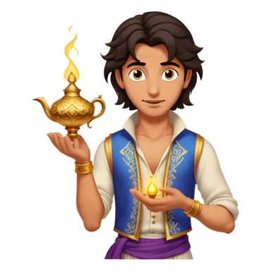 Cinematic Realistic Aladdin Portrait, depicted with lifelike, warm skin textures and a confident yet approachable gaze. His dark, wind-tousled hair frames expressive eyes full of adventure and kindness. Dressed in his iconic vest and loose trousers with intricate detailing, he holds a subtle glimmer of a magic lamp, all rendered under soft natural lighting with a radiant glow that captures his resourceful spirit. sticker