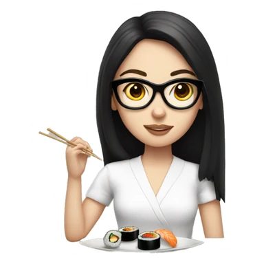 White girl with black round glasses, shoulder length straight hair and a white shirt on eating sushi sticker
