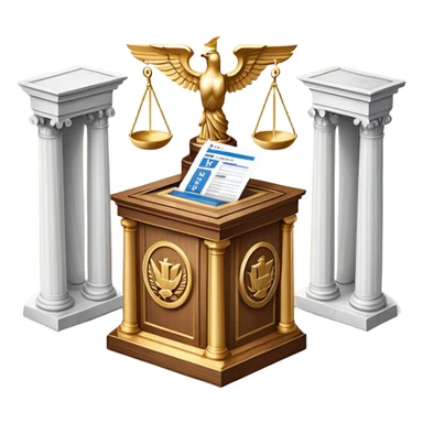 An icon featuring a ballot box with a voting paper, a government building with columns, and a scale of justice, symbolizing political science. The design includes a world map in the background, representing global political systems. Transparent background highlights governance and civic studies. sticker