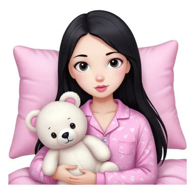 pretty girl, with straight long black hair, black eyes, long lashes, pink lips, wearing pink pajamas, holding white teddy bear plushies sticker
