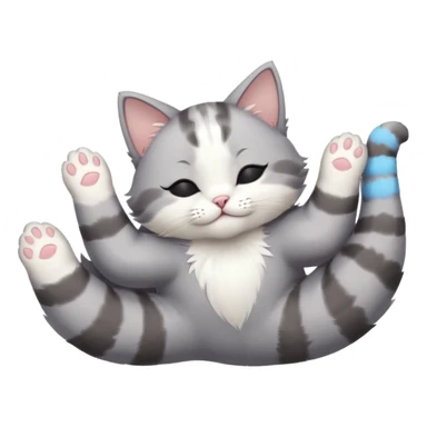 grey and white small cat eyes closed lying down upside down with paws stretched out straight in different directions sticker