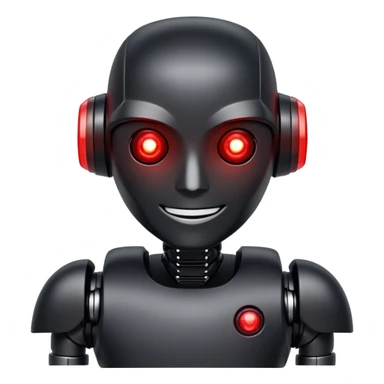 modern face of a black robot with white led eyes, red leds on robot, brave pose, smiling sticker