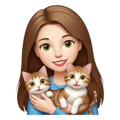 White Woman with VERY long straight brown hair, rosy lips and cheeks, big chartreuse eyes, cute happy big smile holding a white and brown tabby kitten sticker