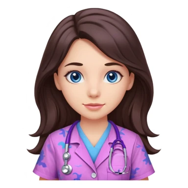 pretty brunette nurse with long hair and blue eyes in pink and purple dinosaur pattern scrubs sticker