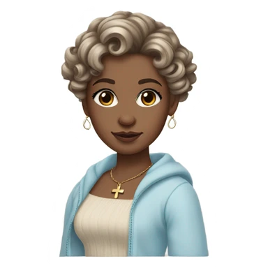 pale girl , who has curly medium length dark brown swirled hair with side bangs , light brown eyes , and doll like makeup , in a light blue off the shoulder sweater with a cross necklace sticker