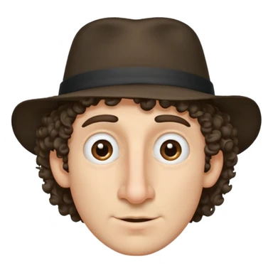 a guy with a huge nose short stringy curly hair and a small hat sticker