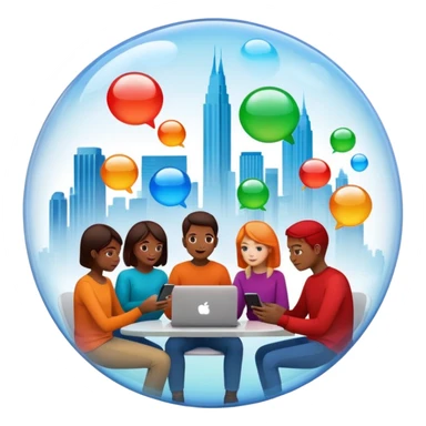 Multiple people inside colorful transparent bubbles, each using a smartphone or laptop. The bubbles are blue, red, orange, and green, with a minimalist cityscape in the background. Realistic emoji style. sticker