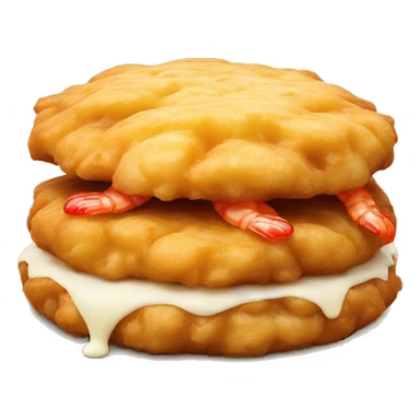 A round, golden-brown fritter, crispy on the outside, soft yellow inside with creamy filling. Topped with small reddish shrimp, it’s vibrant and rich in texture sticker