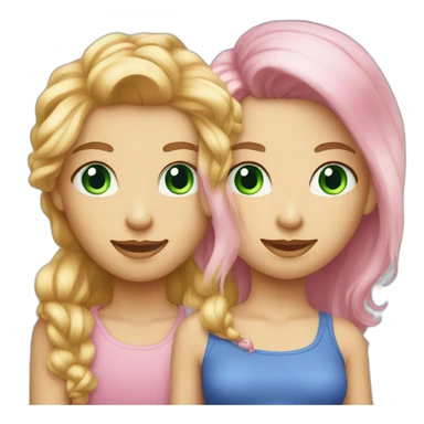 Young beautiful lady with pink hair and green eyes with young boy with blue eyes and blond hair sticker