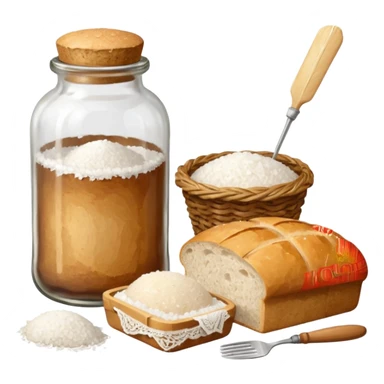 a one victorian bottle of salt and a loaf of bread - a bread bag, crochet needles and a ball of wool sticker