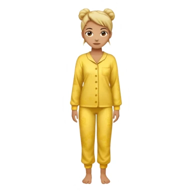 woman standing, wearing yellow pajamas, hair in a bun, full body, realistic, official Apple iPhone emoji style, less cartoonish sticker
