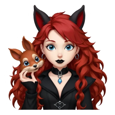  long curly red hair (darker), red pointed ears with black trim, black goth outfits, body and face human, blue eyes, more pointy chin, black lipstick, big fluffy red squirrel tail with black tips, like the attached photo with more outfits and poses,  sticker