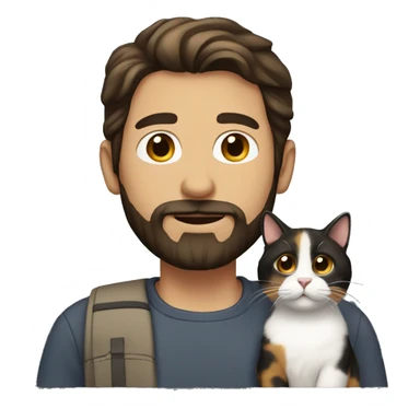 A white man with dark brown hair and beard with a calico cat sticker