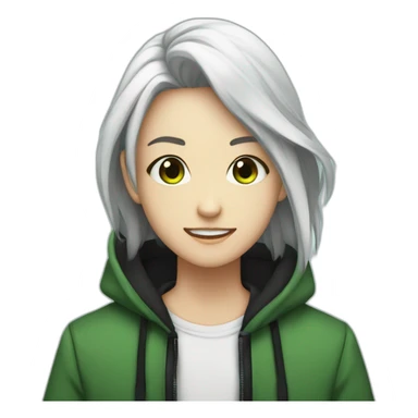 Joven estilo anime con capucha azul ojos verdes cabello cafe y pantalones negros zapatos blancos sticker