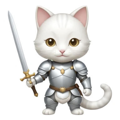 baby chibi white cat in silver armor, full body, smile, hold sword sticker