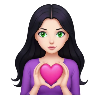 Woman with long black hair and green eyes with a purple top holding a pink heart  sticker