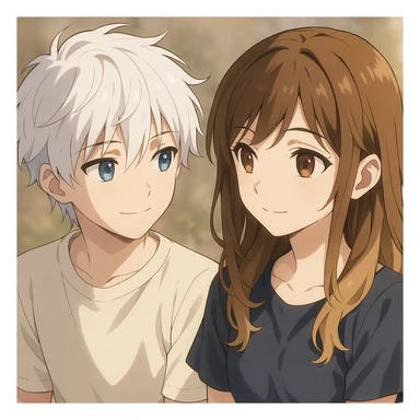 anime style, a white-haired, blue-eyed boy admiring a brunette-blonde girl with brown eyes, both with gentle expressions sticker