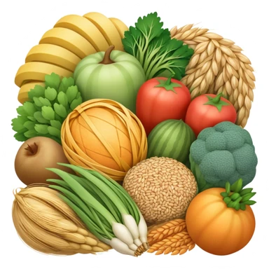 Close-up of a bundle of fiber strands intertwined with small vegetable, fruit, and grain icons, showing microscopic view of dietary fiber structure sticker