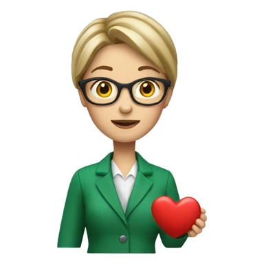 A European female teacher in a green jacket holds a heart in her hands sticker