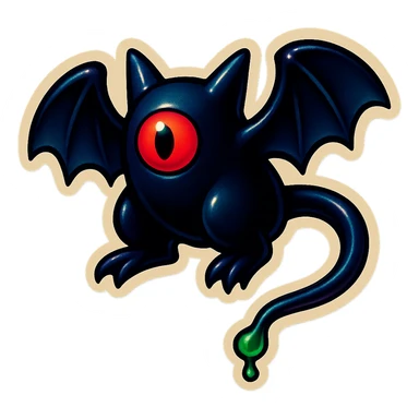 an all black bat-like creature. One cyclopian red eye in its face. no visible mouth or ears. has a long tale with a stinger that drips green poison sticker