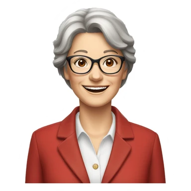 Woman in her 60s, with brown hair, pale skin, glasses, brown eyes, smiling wearing a red blazer, collared shirt,  jeans sticker