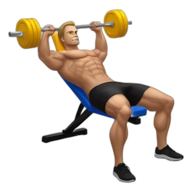 white man on musculation bench with portable computer used as dumbbels doing bench press sticker