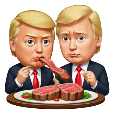 photorealistic Donald Trump and Putin eating a steak shaped like an piece of land sticker