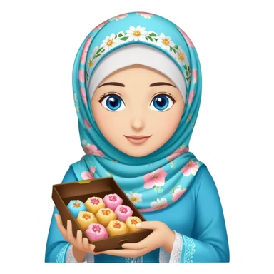 Turkish beautiful finish Konya girl blue eyes with lilies floral hijab islamic dress and had on her hand text Eid Mubarak with sweets and celebrating with her friends eid days   sticker