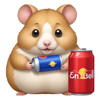 Funny cartoon-style fat hamster wide eyed with a can of redbull sticker