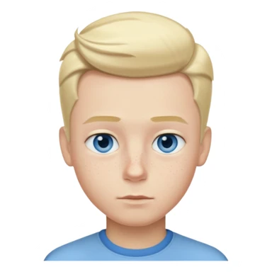 blond boy with straight hair, slightly side parting and a quiff, blue eyes, full lips, very light blond eyebrows, fair complexion with a cold undertone, freckles sticker