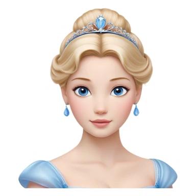 Cinematic Realistic Cinderella Portrait, depicted with lifelike skin texture, subtle rosy undertones, and soft natural lighting that enhances the gentle contours of her face. Her intricately detailed golden blonde hair is elegantly styled in an updo, with delicate wisps framing her face for added realism. Her deep, expressive blue eyes radiate warmth and sincerity, reflecting a quiet resilience and grace. She is dressed in her iconic ball gown, the fabric shimmering with intricate embroidery and fine translucent layers that catch the light beautifully. The soft sheen of satin gloves and the delicate sparkle of a glass-like slipper peeking from beneath her dress add a touch of magical realism. The portrait features an enchanting glow with a natural, luminous finish, seamlessly blending realism and fairytale charm to evoke a sense of depth, elegance, and timeless beauty. sticker