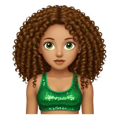 Melanie Brown with long brown curly hair, green sequin crop top, dark brown eye sticker