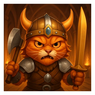 Make the ginger cat viking look fiercer, with a more intense expression and battle-ready pose, keep the Valhalla hall background. The original style is emoji style, but emoji style does not support editing, so please maintain the emoji style look while editing in the general style. sticker