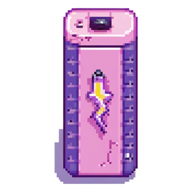 pixel art icon of a vertical battery with a lightning bolt inside, battery half full, glowing pink and purple color palette, clean and minimal, legible at small sizes sticker