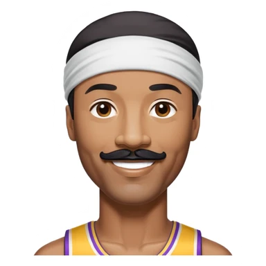 Wilt Chamberlain, tall, black short hair, mustache, headband, smiling sticker